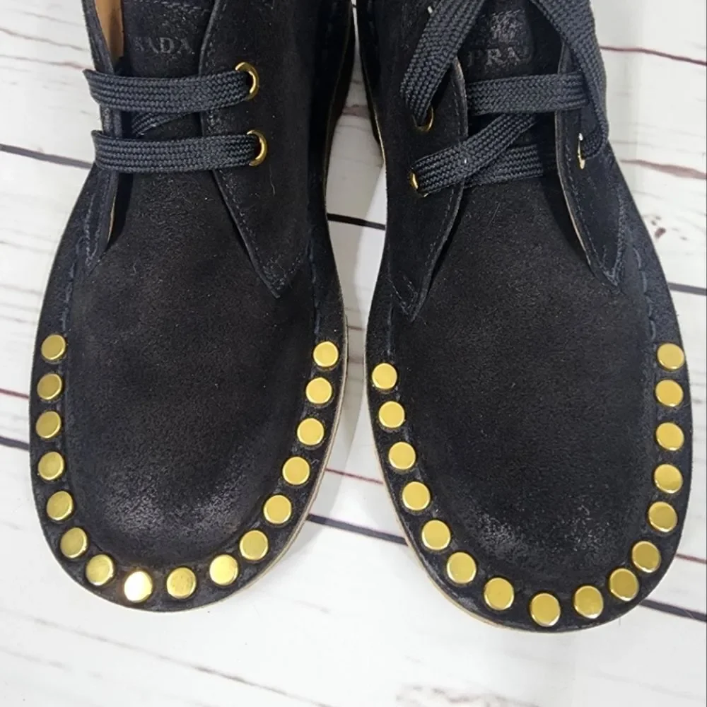 Prada Studded Lace-Up Desert Chukka Boots in Black Nubuck 35 5